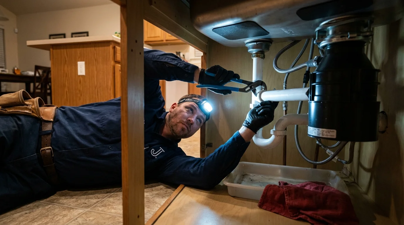 P-trap and supply line connections under a kitchen sink showing a common leak point in Brewton, AL